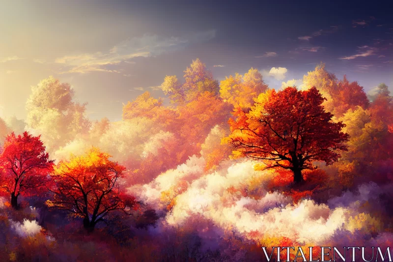Enchanting Autumn Trees: A Digital Fantasy Landscape AI Image
