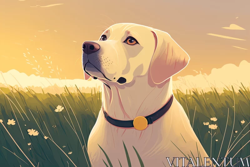 White Labrador Dog Sitting in Field at Sunset Illustration AI Image