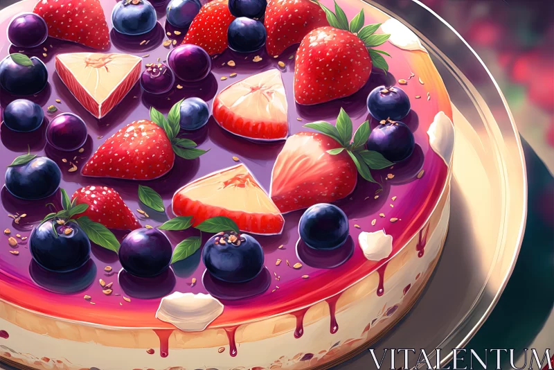 Purple Cake with Berries and Cherries: A Lively 2D Game Art Illustration AI Image