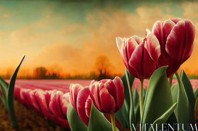 Tulips in Wind - Tonalist Landscape Art AI Image
