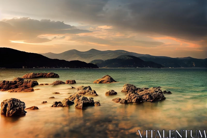 Romantic Golden-Lit Seascape with Mountain Vista AI Image
