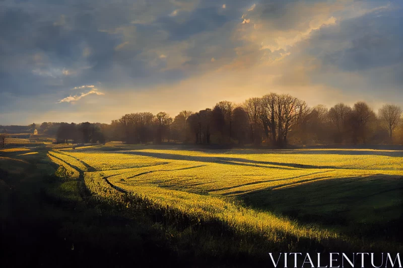 Sunlit Grassy Field: A Calming Symmetry of English Countryside AI Image