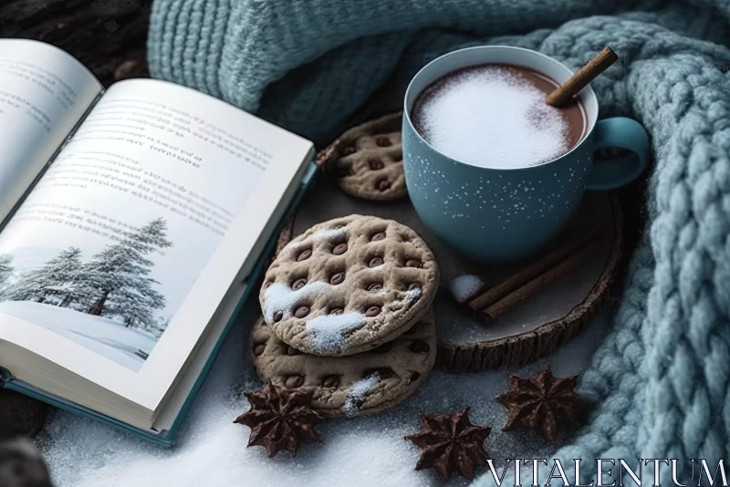 Dreamy Winter Scene with Book, Cookies, and Hot Chocolate AI Image