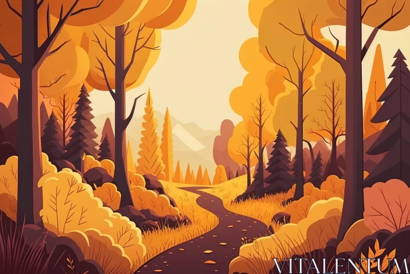 Autumn Forest Cartoon Styled Illustration with Golden Hues AI Image