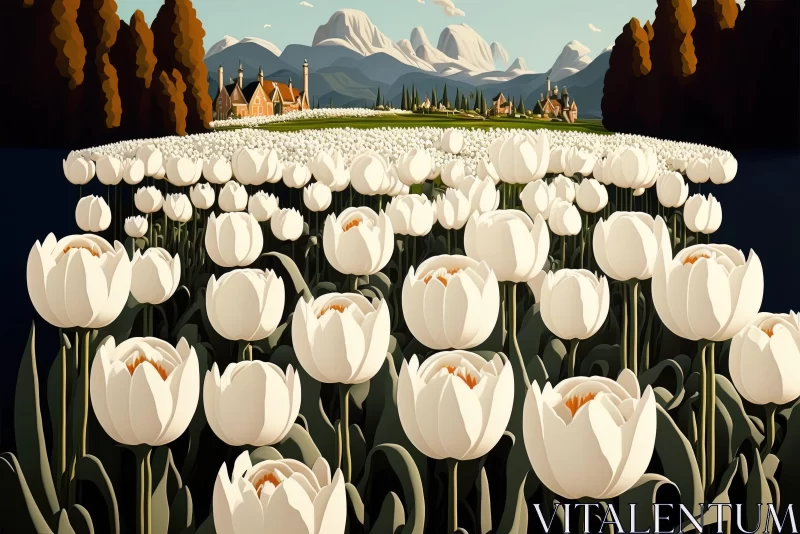 White Tulips in Field - A Detailed Historical Art Revival AI Image