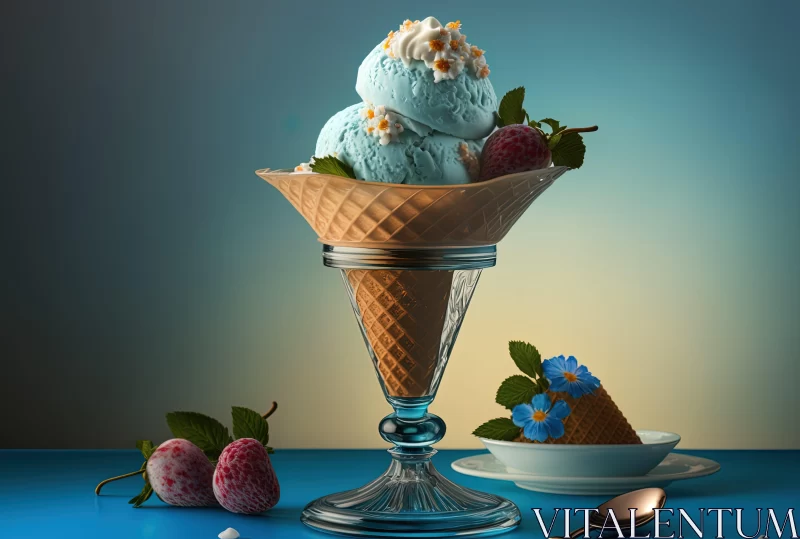 Blue Ice Cream Cone with Fruit Arrangements - A Study in Photo-realism AI Image