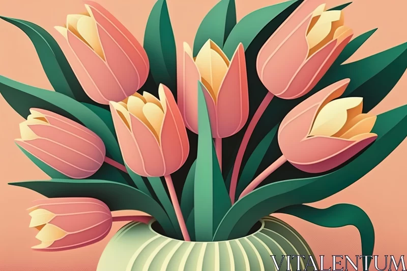3D Tulips in a Green Vase: A Folk Art Inspired Illustration AI Image
