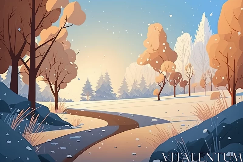 Winter Wonderland Landscape Illustration in Warm Tones AI Image