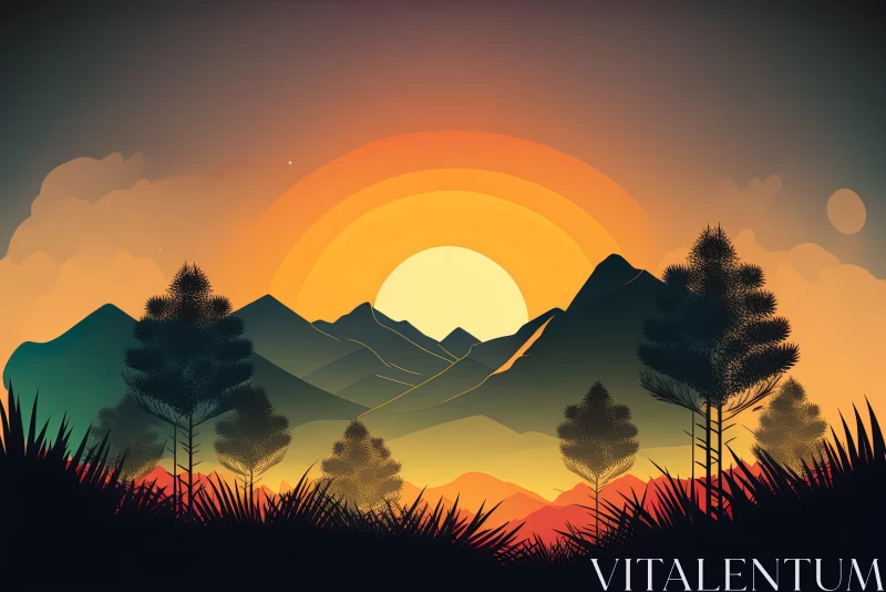 Retro Inspired Sunset Landscape with Mountains and Trees AI Image