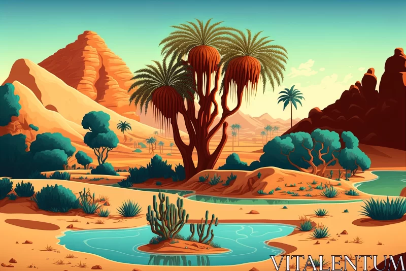 Nostalgic Cartoon Desert Landscape with Palm Trees and Water