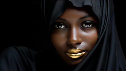 African Woman Portrait with Gold Lipstick and Hijab