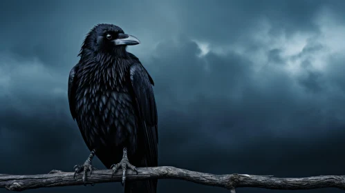 Black Raven on Branch in Stormy Sky