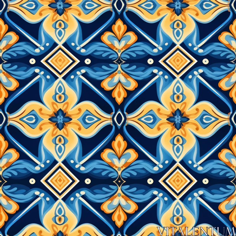 Blue and Yellow Floral Tiles Pattern AI Image