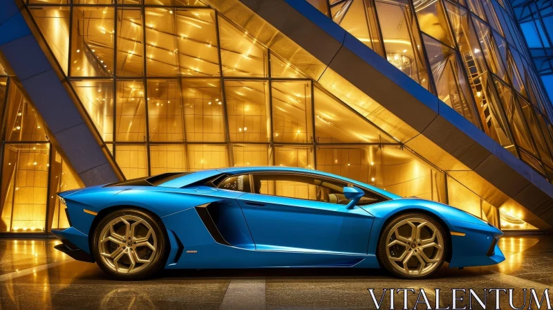 AI ART Blue Lamborghini Aventador SVJ Parked in Front of Modern Building