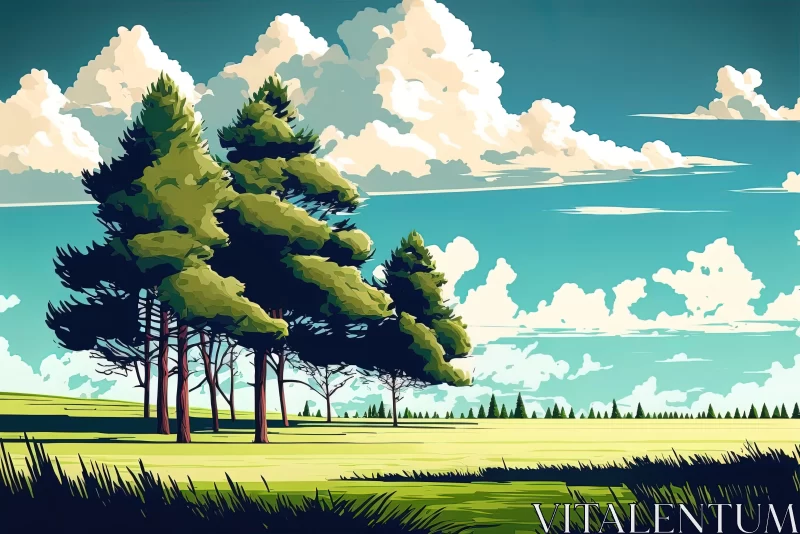 Captivating Painting of Trees and Clouds in a Serene Field AI Image