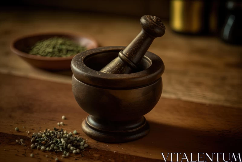 Dark Bronze Mortar and Herb Grinder on Wooden Table - Traditional Techniques Reimagined AI Image