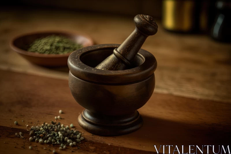 Dark Bronze Mortar and Herb Grinder on Wooden Table - Traditional Techniques Reimagined