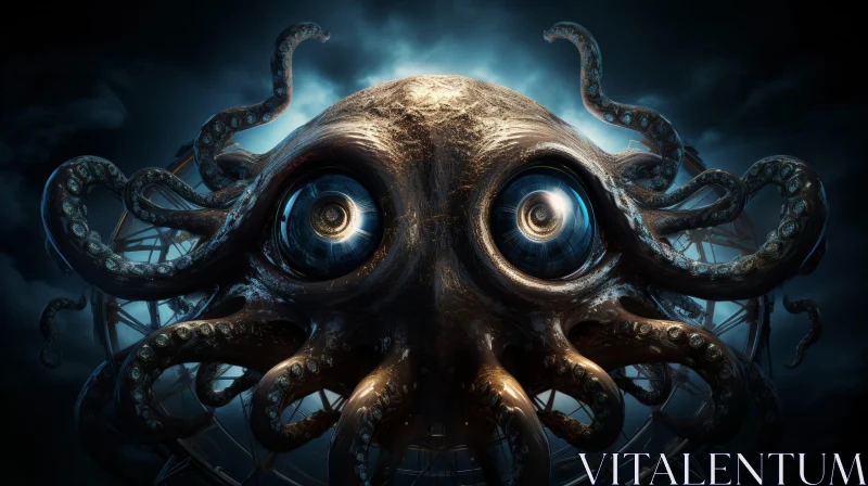 Eerie Octopus-Like Creature in Dark Stormy Sky AI Image