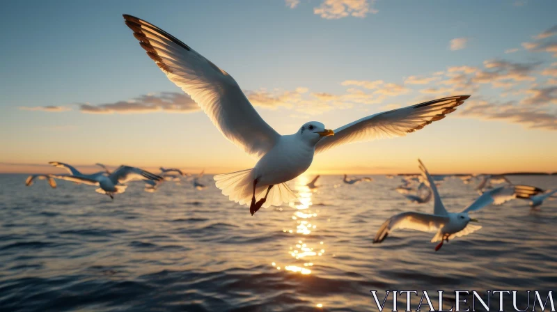 Graceful Seagull Flying Over Ocean at Sunset AI Image