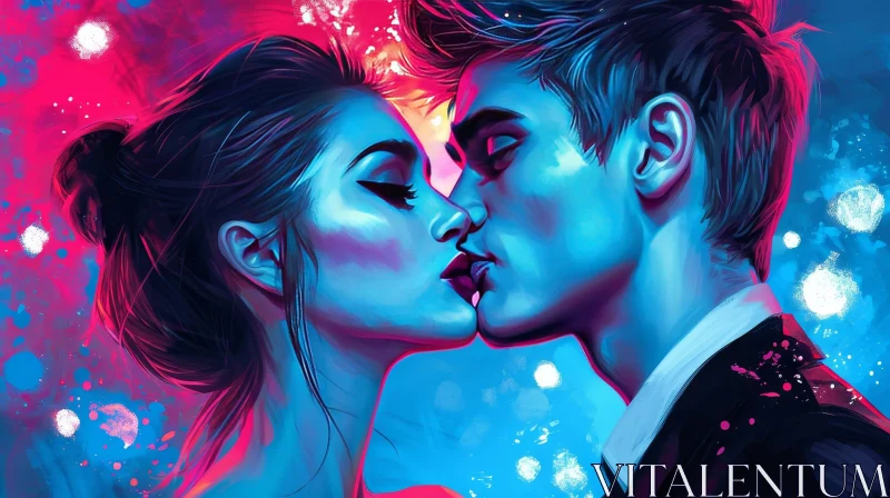 Intimate Moment of Love: Man and Woman Kissing Painting AI Image
