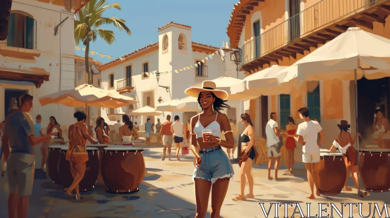 Lively Street Scene in Tropical Setting | Vibrant Architecture and Bustling Atmosphere AI Image