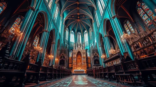 Magnificent Gothic Cathedral Interior: Ribbed Vault, Stained Glass, and Ornate Altar