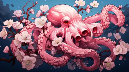 Pink Octopus with Cherry Blossoms Digital Painting