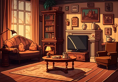 Romanticized Cartoon Living Room with Golden Light
