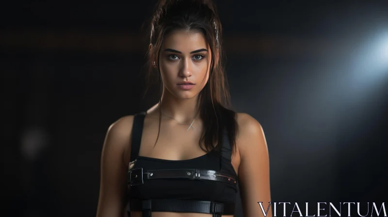 Serious Expression of a Young Woman in Black Sports Bra AI Image