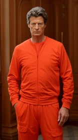 Serious Man in Orange Tracksuit Standing in Room