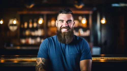 Smiling Man with Beard at Bar Counter