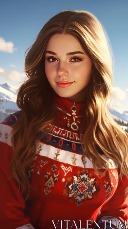 Smiling Woman in Red Sweater on Snowy Mountain AI Image