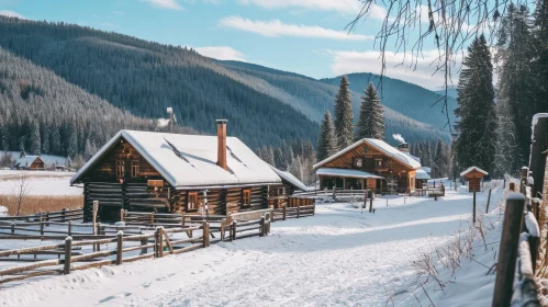 Snow-covered Wooden Houses in the Mountains - Serene and Peaceful
