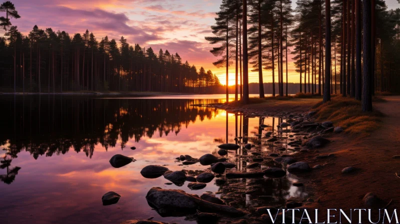 Tranquil Sunset Over Forest Lake AI Image