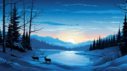 Tranquil Winter Landscape with Deer by Frozen Lake