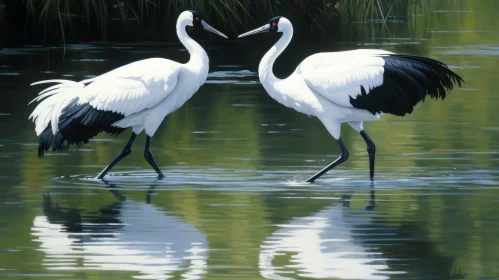 White Cranes Painting in Marsh