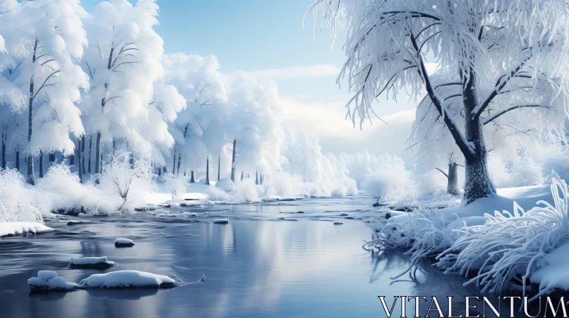 Winter Landscape: Snow-Covered Trees and Frozen River AI Image