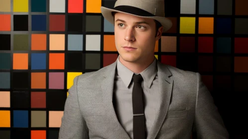 Young Man in Suit and Tie with Grey Hat