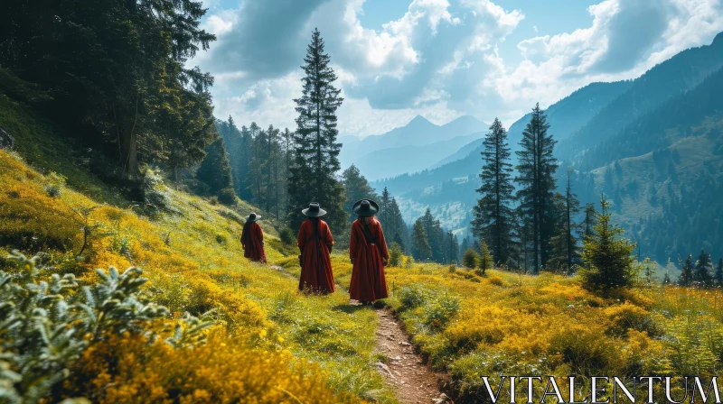 A Serene Mountain Path with Three People Walking AI Image