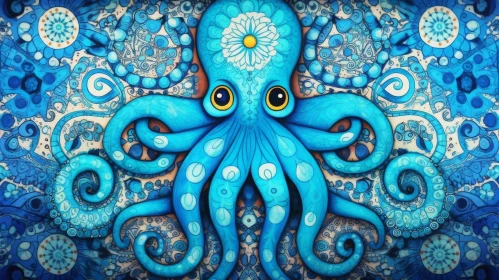 Blue Octopus Digital Painting with Mandala Background