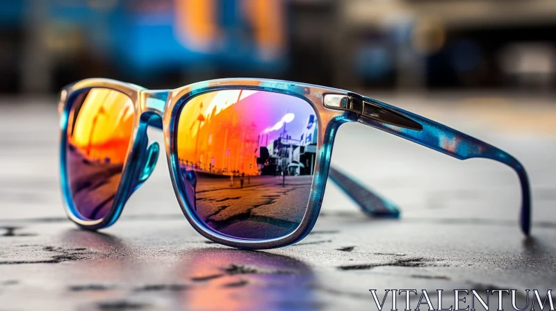 AI ART Blue Plastic Sunglasses Reflecting Cityscape