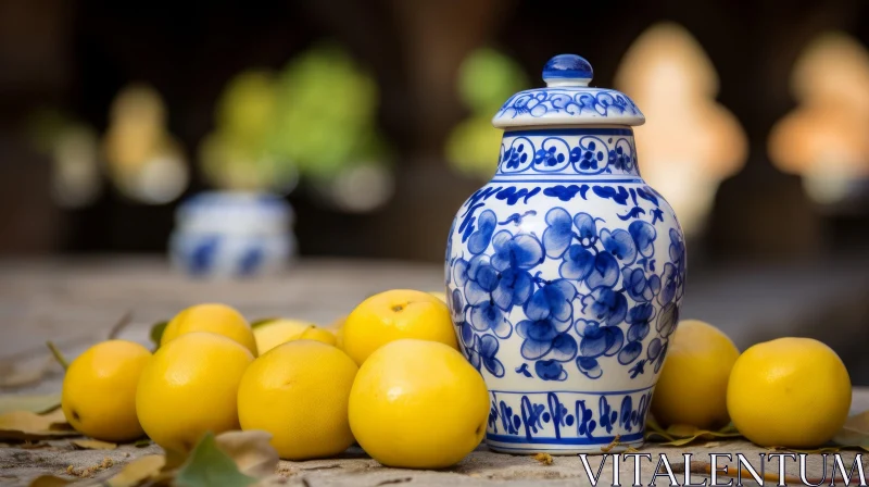 AI ART Elegant Blue and White Porcelain Jar with Floral Design and Lemons