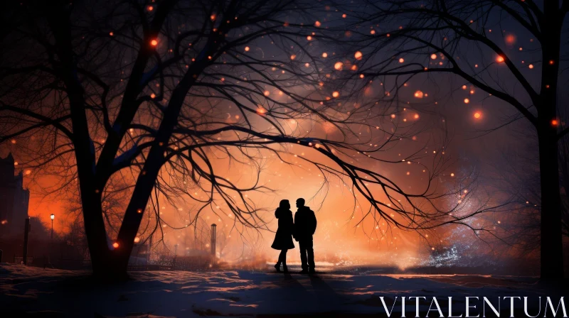 Enchanting Winter Forest Scene with Couple Holding Hands AI Image