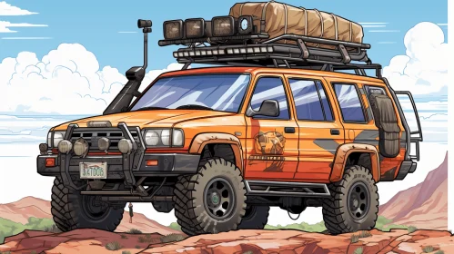 Intricate Illustration of an Orange SUV in the Desert | Adventure and Wilderness Art