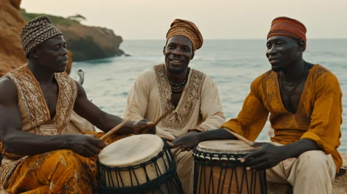 Joyful African Men Playing Drums on the Beach