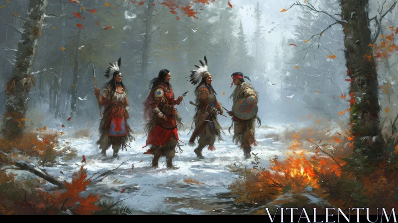 Native American Warriors in Snowy Forest | Traditional Art AI Image