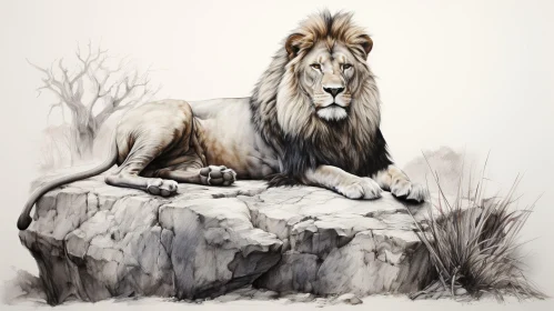 Realistic Lion Resting on Rock - Digital Painting