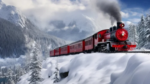 Red Steam Train in Snowy Mountain Landscape