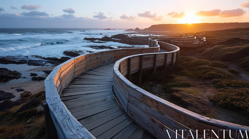 Serene Coastal Landscape with Wooden Walkway AI Image