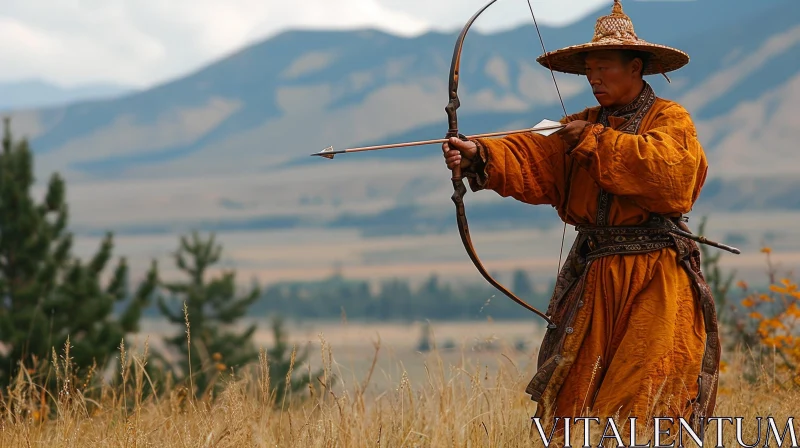 AI ART Traditional Mongolian Man Shooting Bow and Arrow in Majestic Landscape